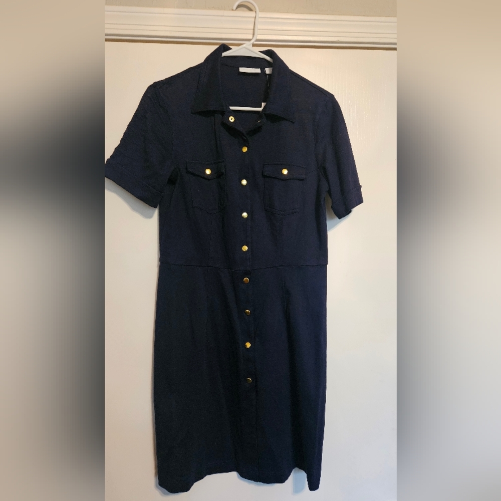 Blue Buttoned Midi Dress with Notched Collar